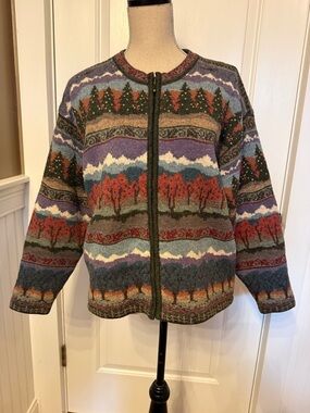 ICELANDIC DESIGN SWEATER CARDIGAN ZIPPER WOOL MULTI COLOR TREES CLOUDS SIZE L